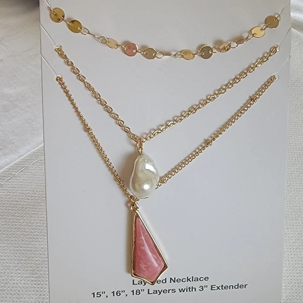 Layered Necklace Gold Tone Pearl Drop